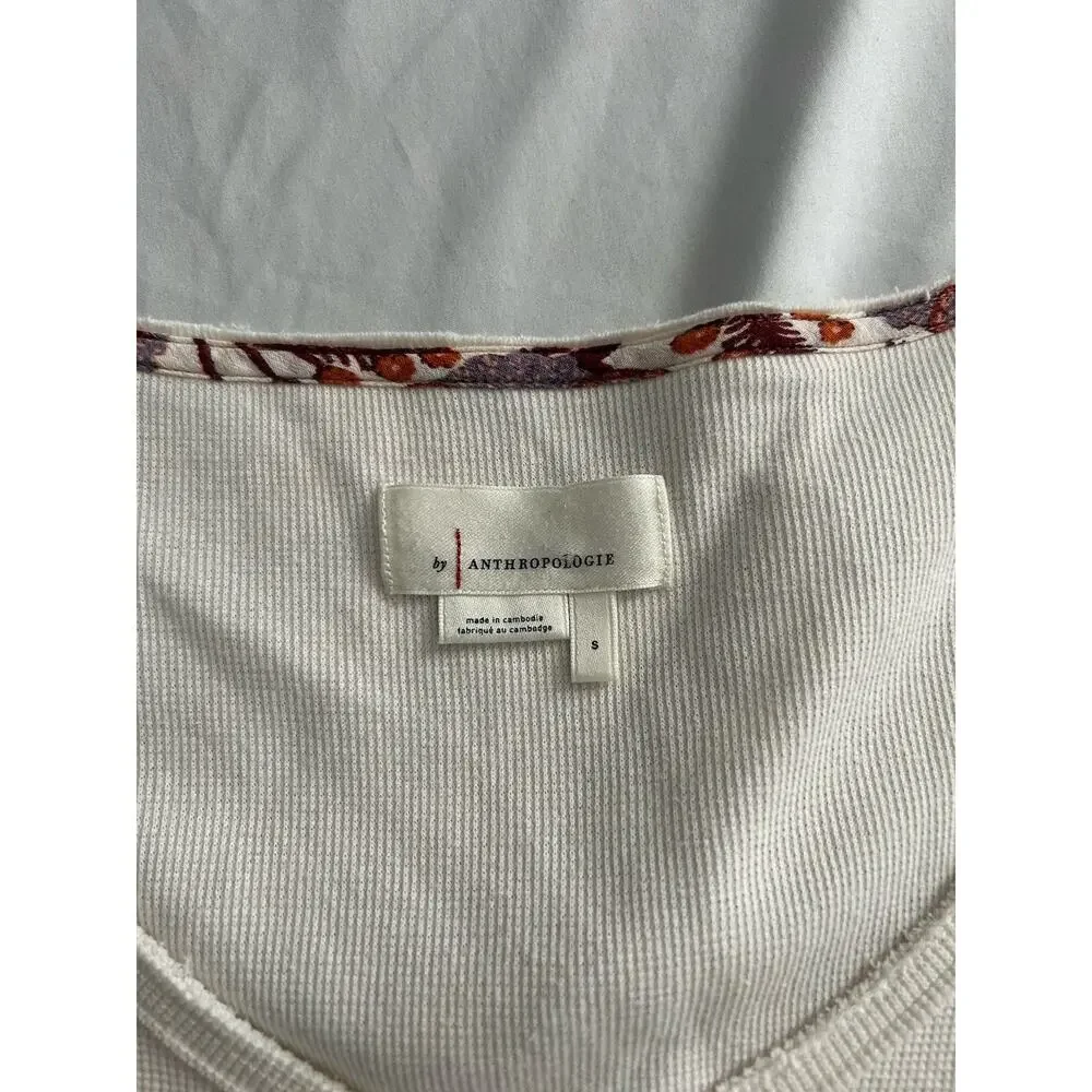 Anthropologie V-neck Mixed Fabric Thermal Shirt Womens Size Small White Preppy